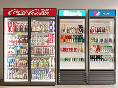 Commercial Display Refrigerators Stocked With Coca Cola Sprite Pepsi Beverages Cans And Bottles 3d model