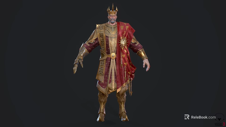 Ornate Monarch Figure With Golden Crown Red Cape And Intricate Golden Attire Details 3d model 