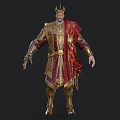 Ornate Monarch Figure With Golden Crown Red Cape And Intricate Golden Attire Details