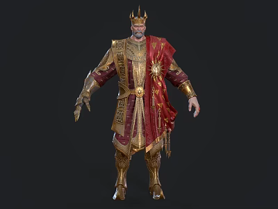 Ornate Monarch Figure With Golden Crown Red Cape And Intricate Golden Attire Details 3d model