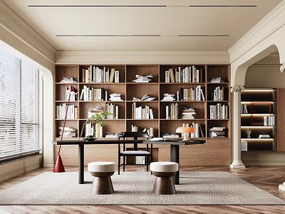 Modern Study Room Interior With Built in Bookshelves Books Desk Round Stools And Window 3d model