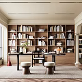 Modern Study Room Interior With Built in Bookshelves Books Desk Round Stools And Window