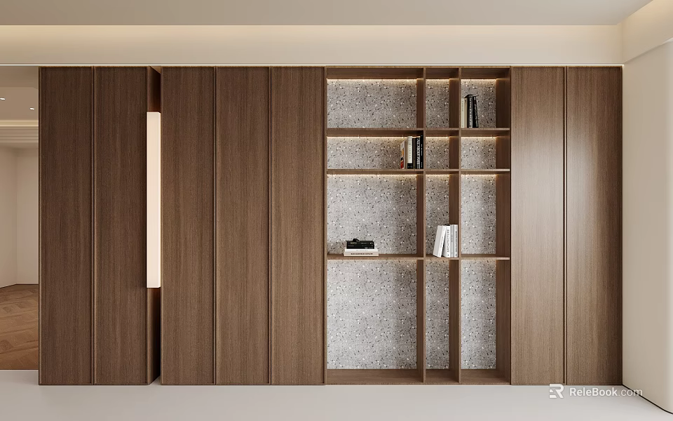 Modern Wooden Decorative Cabinet with Open Shelves Built-in Lighting and Minimalist Design 3d model 
