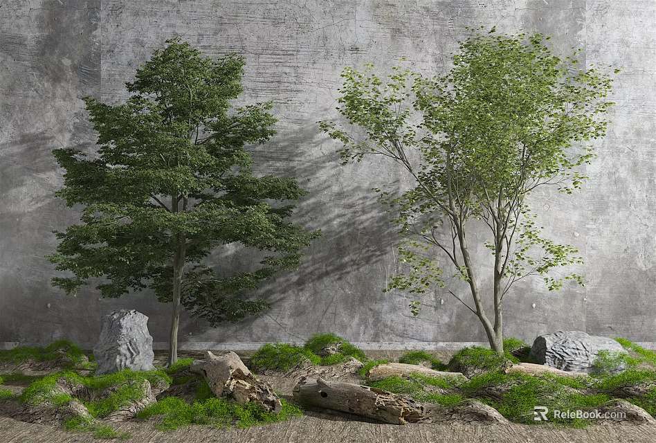 Two Green Arbor Trees Against Gray Wall with Stones Logs and Grass 3d model 