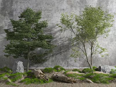 Two Green Arbor Trees Against Gray Wall with Stones Logs and Grass 3d model