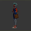 Game and Movie Character With Teal Hair Red Blue Costume Brown Bag and Red Sneakers