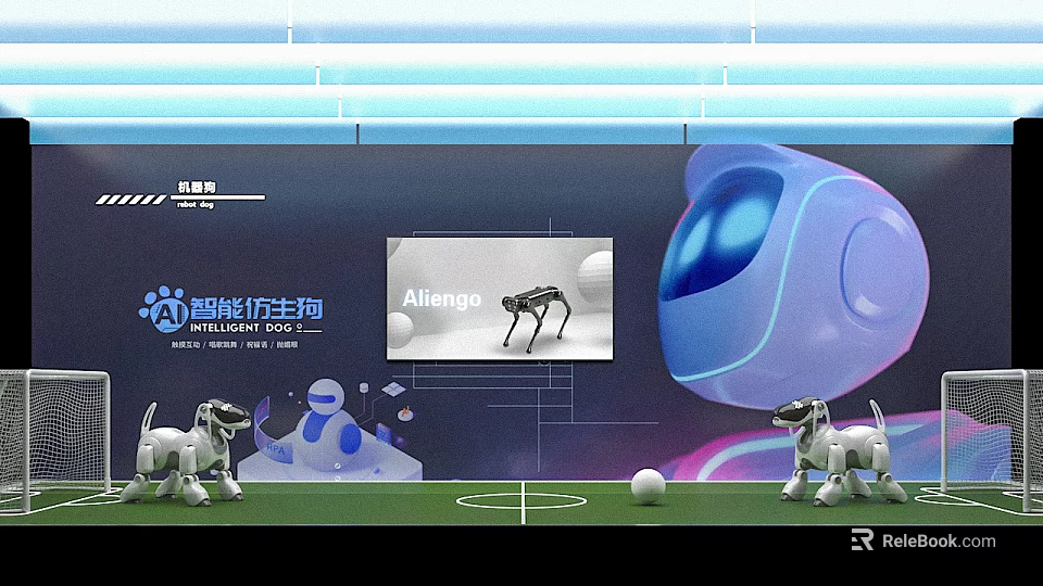 Exhibition Booth Hosted by AINengxing With Allengo Robots And Soccer Elements Showcase 3d model 