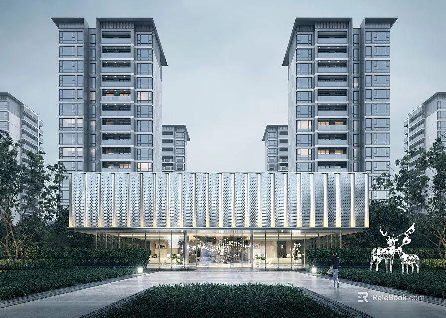 Modern Building Facade of High Rise Residential Complex With Grille Design and Landscaping 3d model 