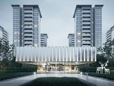 Modern Building Facade of High Rise Residential Complex With Grille Design and Landscaping 3d model