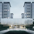 Modern Building Facade of High Rise Residential Complex With Grille Design and Landscaping