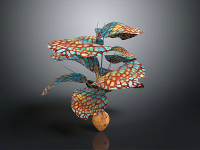 Artistic Sculptural Plant With Colorful Mosaic Pattern Leaves And Wooden Base 3d model