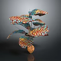 Artistic Sculptural Plant With Colorful Mosaic Pattern Leaves And Wooden Base