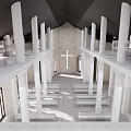 Serene Religious Church Interior With White Columns Benches And Round Windows