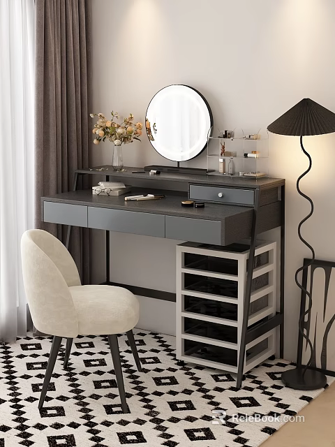 Elegant Modern Vanity Table With Round Mirror Beige Chair Black Lamp And Decorative Drawers 3d model 