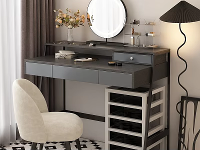 Elegant Modern Vanity Table With Round Mirror Beige Chair Black Lamp And Decorative Drawers 3d model