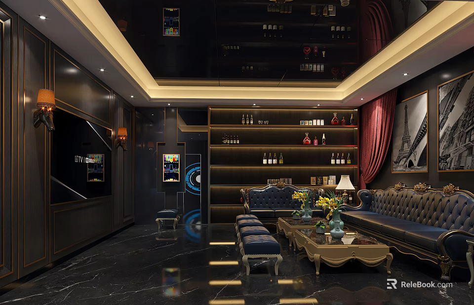 Luxurious Modern KTV Interior With Leather Sofa Wine Racks And Decorative Paintings 3d model 