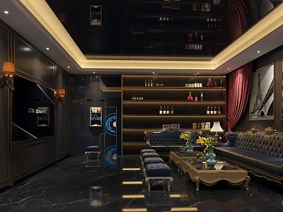 Luxurious Modern KTV Interior With Leather Sofa Wine Racks And Decorative Paintings 3d model