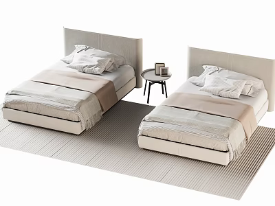 Two Single Beds With Upholstered Headboards Light Colored Bedding Small Nightstand On Light Area Rug 3d model