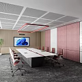 Modern Conference Room Features Long Table Chairs Large Screen Red Ceiling Light And Window View 3d model