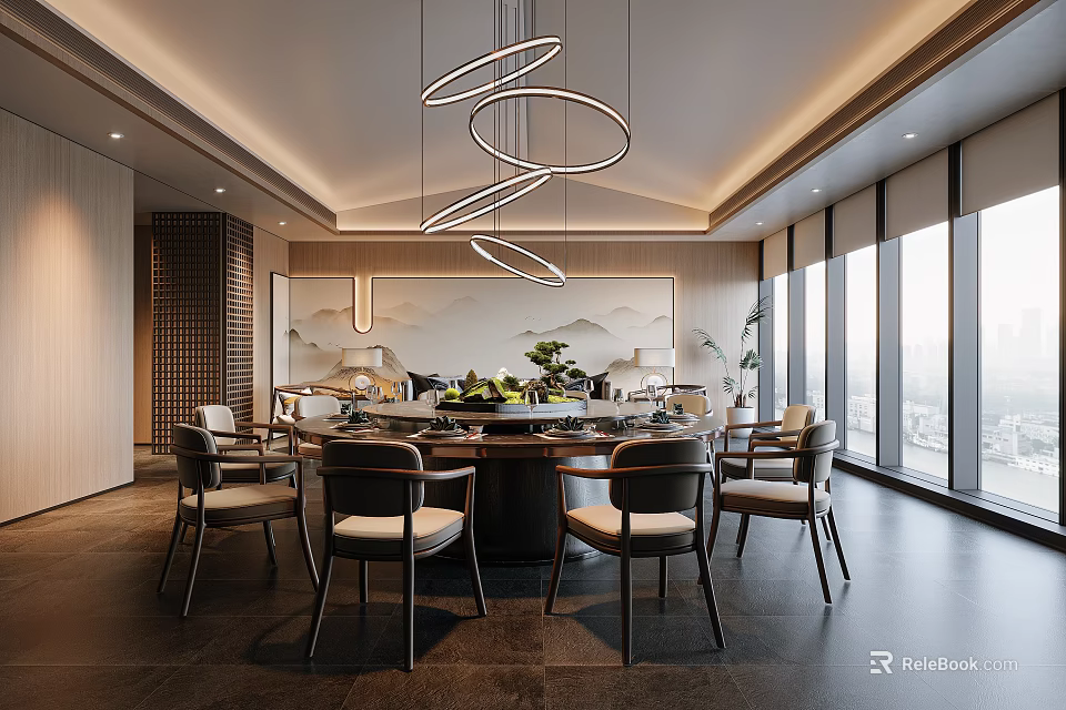 Modern Private Room Interior With Round Dining Table Chairs Hanging Lamp And Large Windows 3d model 