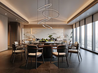 Modern Private Room Interior With Round Dining Table Chairs Hanging Lamp And Large Windows 3d model