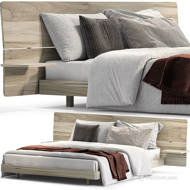 Modern Double Bed With Wooden Headboard Gray Brown Pillows And Red Blanket 3d model 