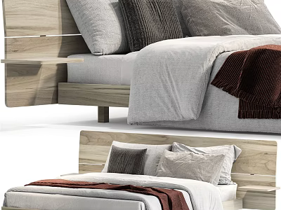 Modern Double Bed With Wooden Headboard Gray Brown Pillows And Red Blanket 3d model