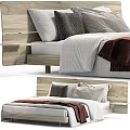 Modern Double Bed With Wooden Headboard Gray Brown Pillows And Red Blanket