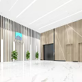 Modern Elevator Hallway With Wooden Panel Walls White Marble Floor And Green Plants