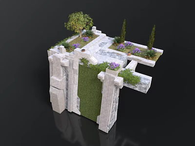 Garden Structure With Stone Pillars Green Plant Wall Small Trees Purple Flowers And Water Feature 3d model