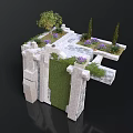 Garden Structure With Stone Pillars Green Plant Wall Small Trees Purple Flowers And Water Feature