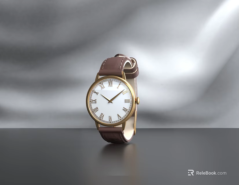Classic Wrist Watch with Brown Leather Strap White Dial and Golden Roman Numerals 3d model 
