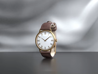 Classic Wrist Watch with Brown Leather Strap White Dial and Golden Roman Numerals 3d model