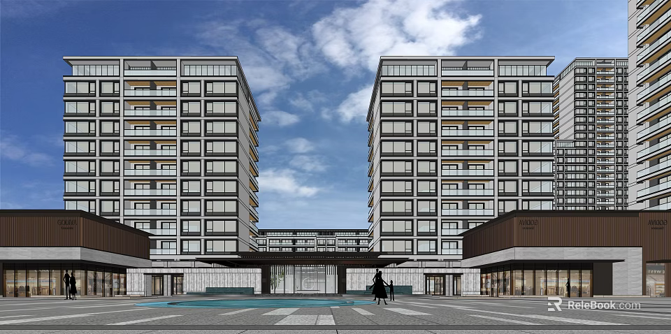 Modern High Rise Residential Buildings Central Entrance Front Plaza Water Pool Blue Sky White Clouds 3d model 