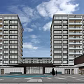 Modern High Rise Residential Buildings Central Entrance Front Plaza Water Pool Blue Sky White Clouds