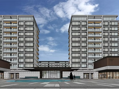 Modern High Rise Residential Buildings Central Entrance Front Plaza Water Pool Blue Sky White Clouds 3d model