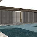 Modern Feature Wall With Golden Lattice Design And Reflective Pool In Open Space