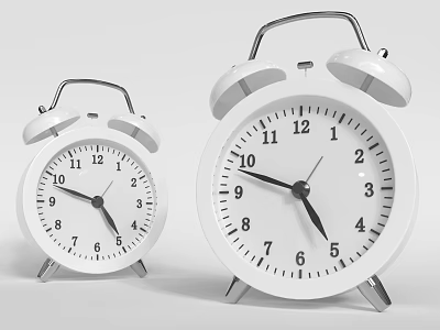 Two White Alarm Clocks With Bells Round Clock Faces Black Hands And Simple Design 3d model