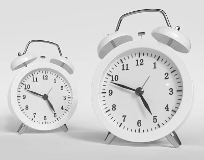 Two White Alarm Clocks With Bells Round Clock Faces Black Hands And Simple Design 3d model