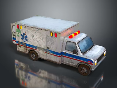 Worn Ambulance Vehicle With Blue Red Stripes Medical Emblem And Roof Warning Lights 3d model