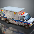 Worn Ambulance Vehicle With Blue Red Stripes Medical Emblem And Roof Warning Lights