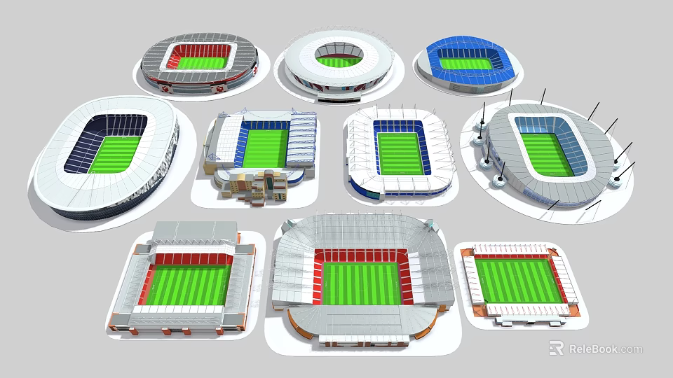 Different Stadium Models Featuring Various Designs Seating Colors And Green Fields 3d model 