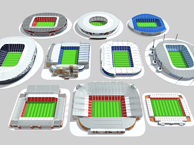 Different Stadium Models Featuring Various Designs Seating Colors And Green Fields 3d model