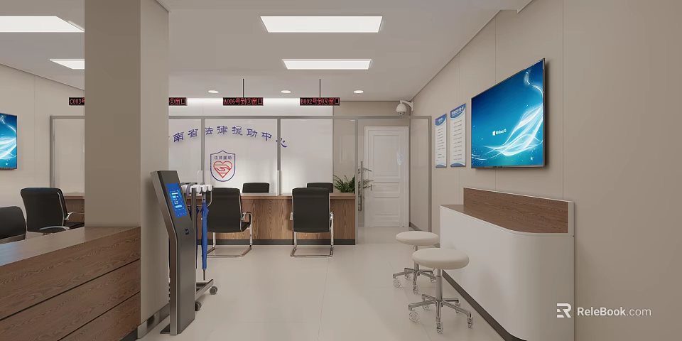 Modern Service Hall Interior with Ticket Dispenser Service Counter Large Screen and Comfortable Chairs 3d model 
