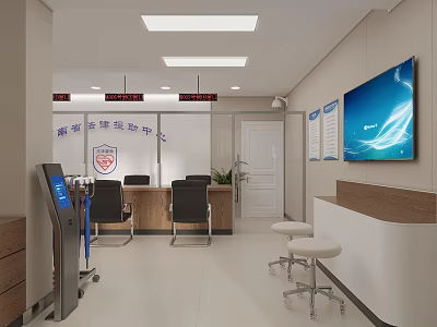 Modern Service Hall Interior with Ticket Dispenser Service Counter Large Screen and Comfortable Chairs 3d model