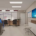 Modern Service Hall Interior with Ticket Dispenser Service Counter Large Screen and Comfortable Chairs