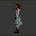 Red Haired Woman In Light Blue Crop Top Green Baggy Pants Brown Boots Gray Backdrop
