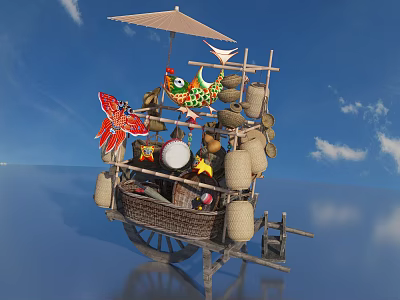 Interactive Zone With Traditional Cart Colorful Fish Ornaments Paper Lanterns And Sacks 3d model