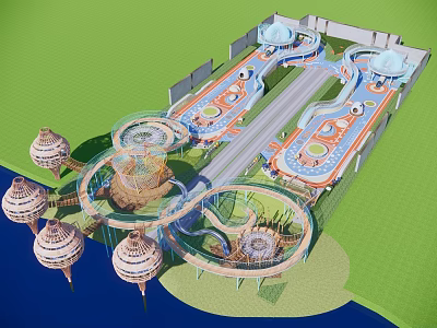 Colorful Children's Play Area With Slides Spinning Structures And Tower Like Decorations 3d model