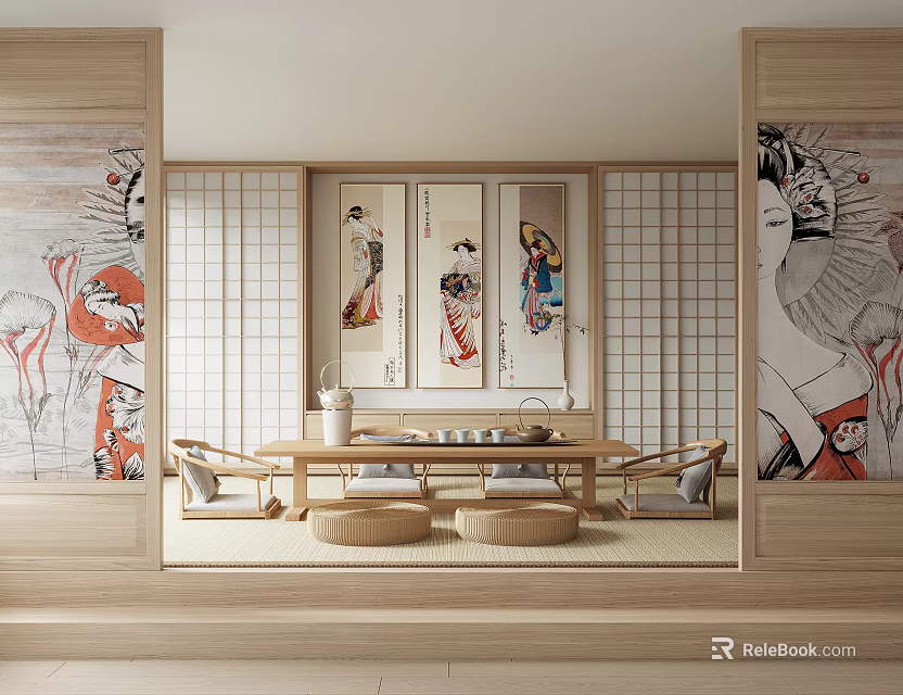 Traditional Japanese Tea Room Interior Design With Wooden Table Cushions And Hanging Paintings 3d model 